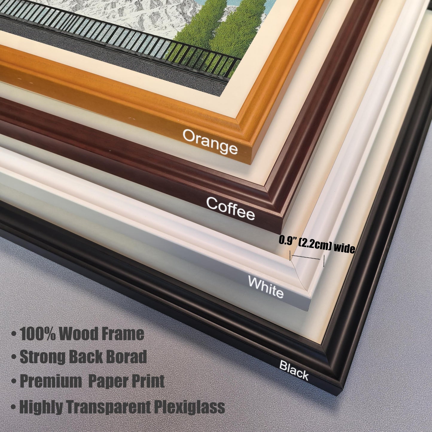 A stack of four wood frame corner samples in Orange, Coffee, White, and Black, with text noting "100% Wood Frame," "Strong Back Board," and "Highly Transparent Plexiglass."