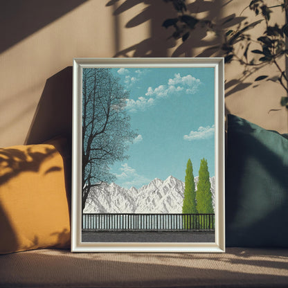 A vertical white wood framed art print featuring a serene mountain landscape with a turquoise sky, leafless trees, and two vibrant green cypress trees, leaning against a neutral wall with soft shadows.