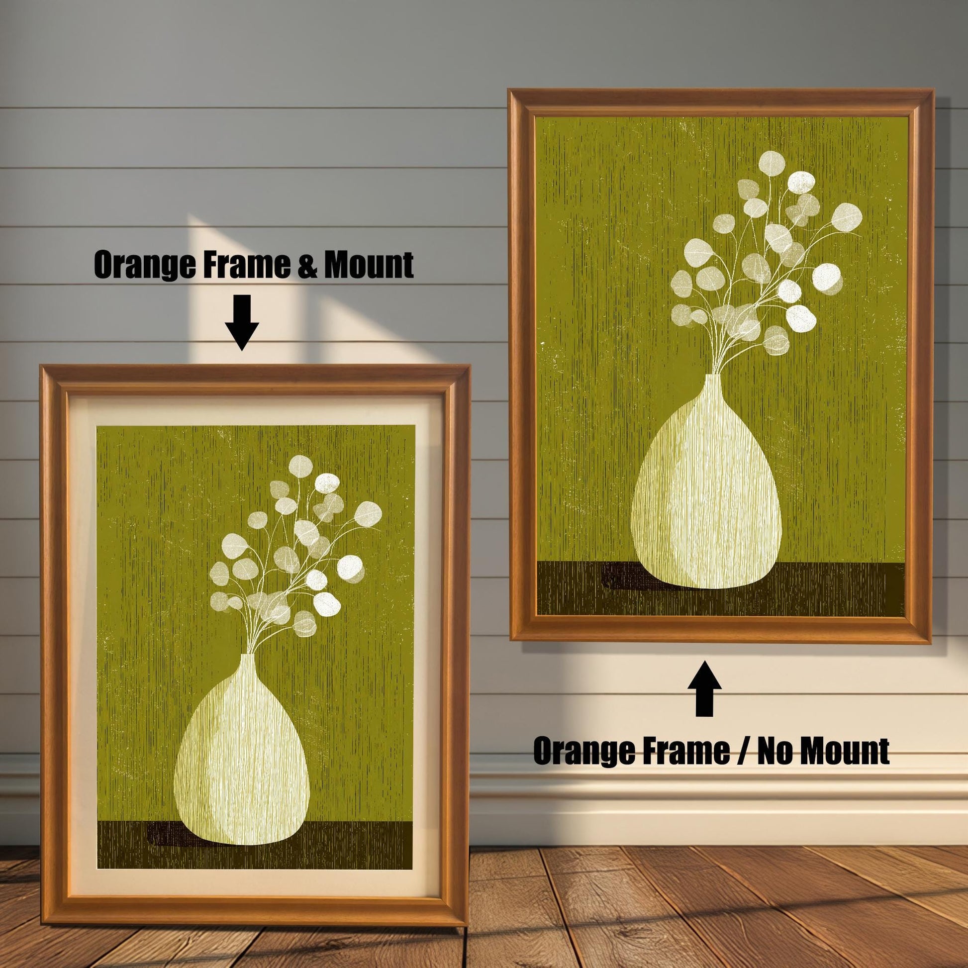 Display of the orange-toned wood frame options: the left side shows the art with a white mount, and the right side shows the full print without a mount.