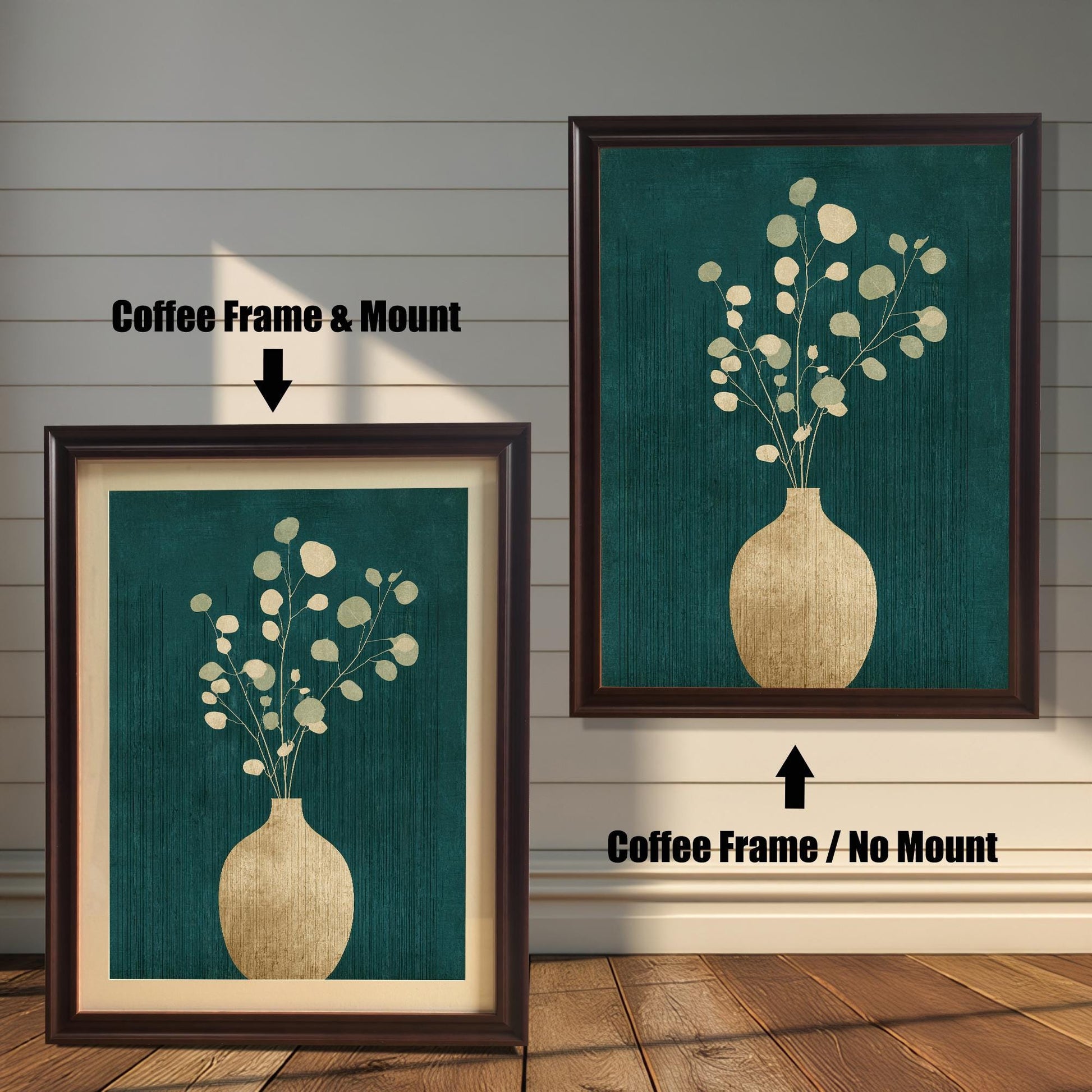 A comparison of two coffee-colored wood frames; one features a cream-colored mount (mat) around the art, and the other shows the teal floral art print without a mount.