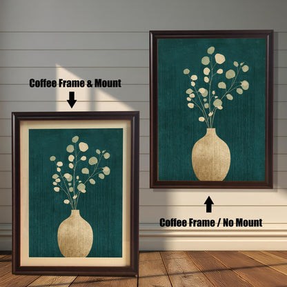 A comparison of two coffee-colored wood frames; one features a cream-colored mount (mat) around the art, and the other shows the teal floral art print without a mount.