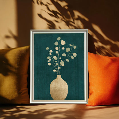 A framed art print featuring a gold vase and eucalyptus leaves on a dark teal background, leaning against a warm beige wall between yellow and orange pillows with artistic leaf shadows.
