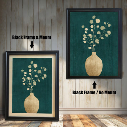 A side-by-side comparison of black wood frames; the left frame uses a mount to highlight the teal artwork, while the right frame provides a bold, mount-less look.