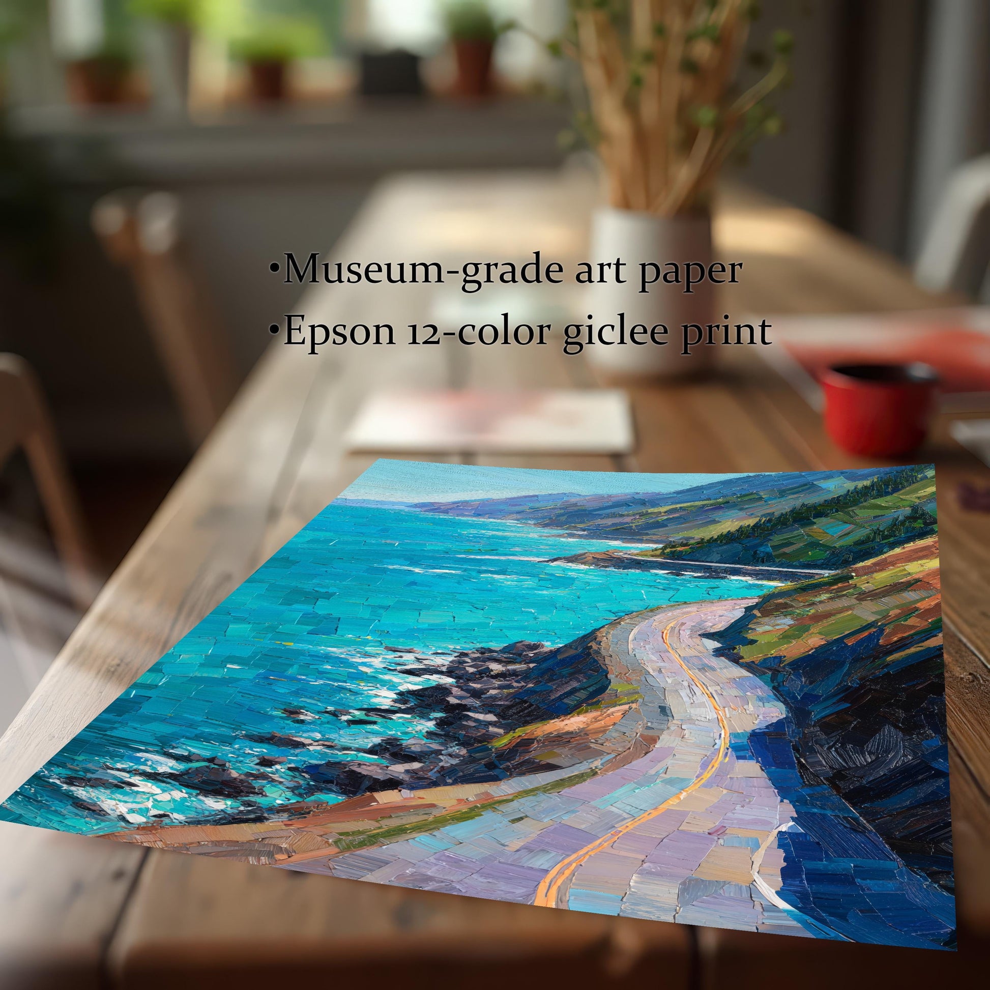 Close-up of a high-quality giclee art print on a wooden table, highlighting the "Museum-grade art paper" and "Epson 12-color giclee print" quality.