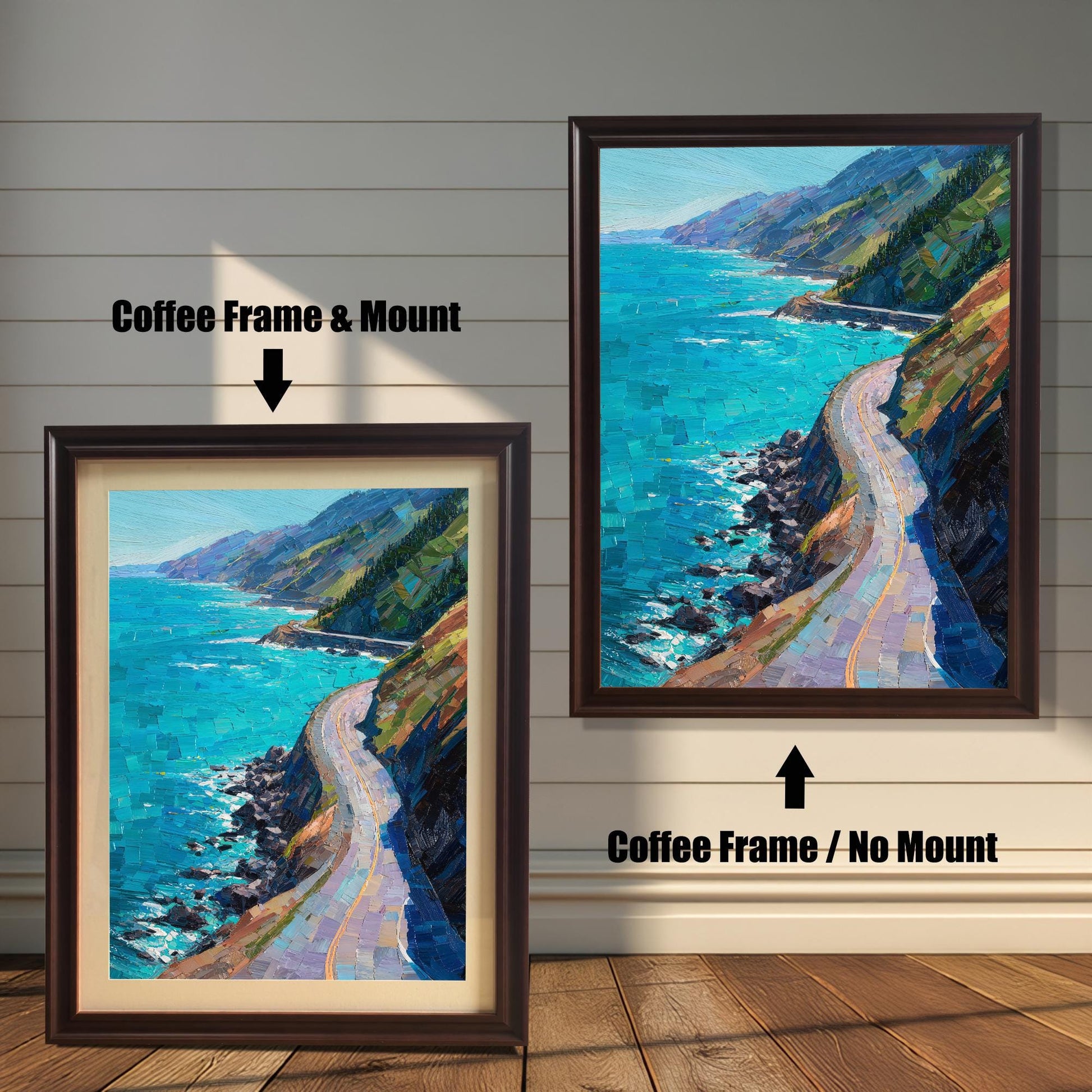 Side-by-side display of Coffee Brown wood frames, illustrating the difference between a "Frame & Mount" option and a "Frame / No Mount" option for a coastal art print.