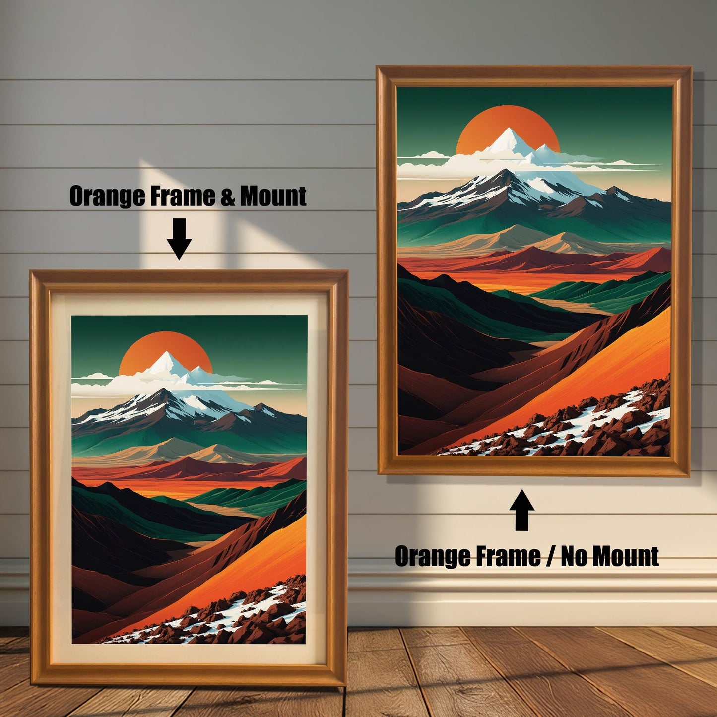 Comparison of "Orange" (warm oak) wood frames. Features one version with an off-white mat mount and one version without a mount, displayed against a white horizontal slat wall.