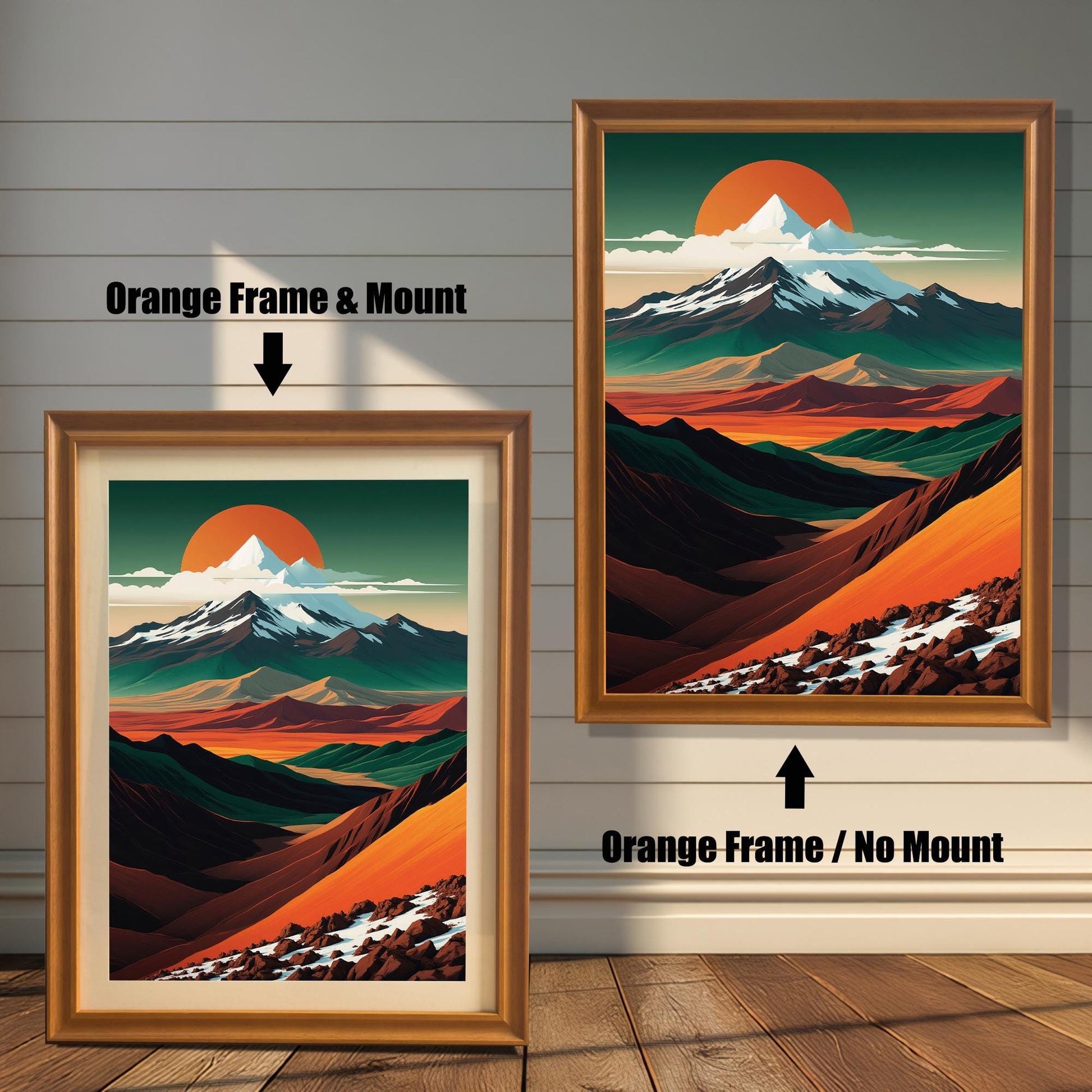 Comparison of "Orange" (warm oak) wood frames. Features one version with an off-white mat mount and one version without a mount, displayed against a white horizontal slat wall.