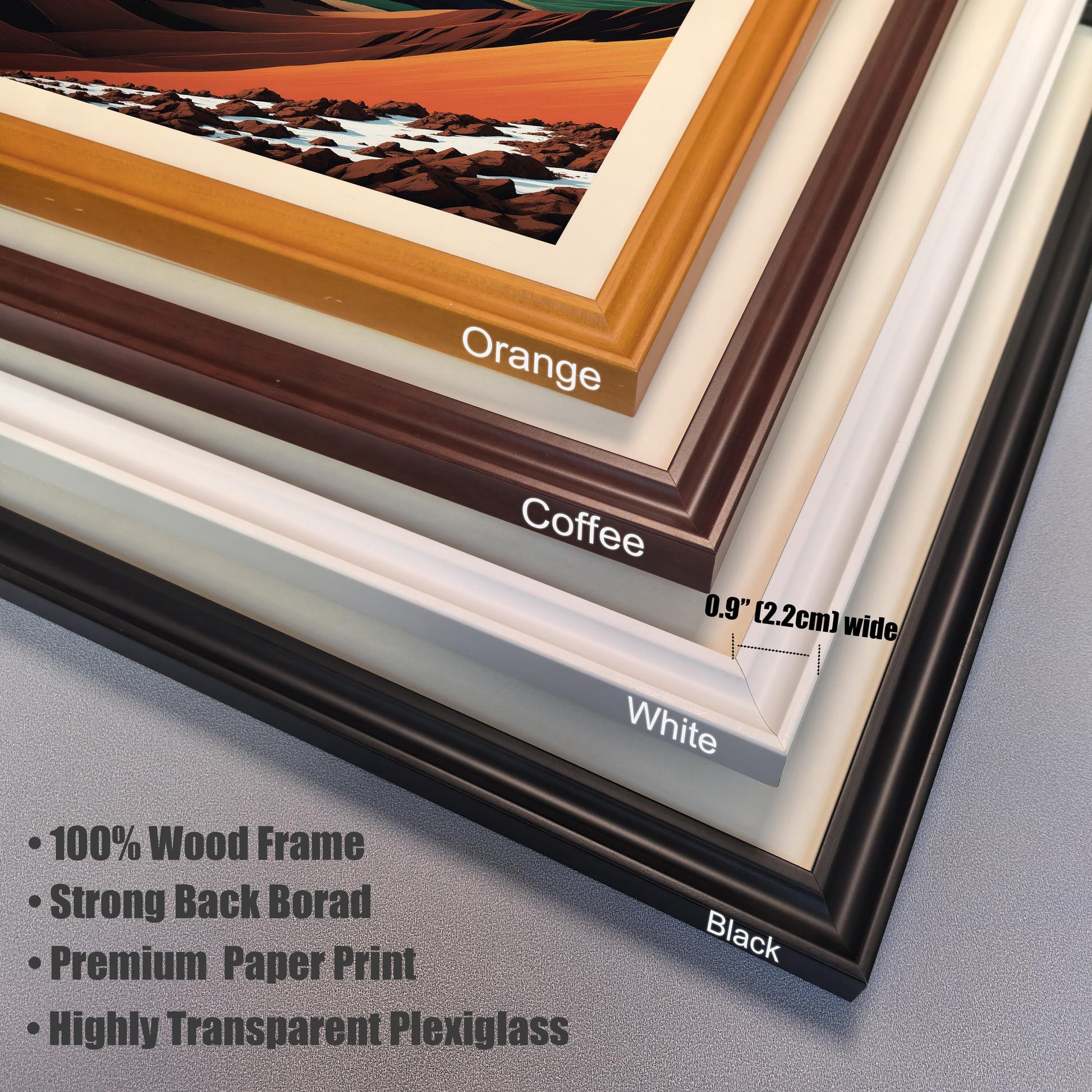 Macro shot showing the corners of four wood frame options: Orange, Coffee, White, and Black. Text highlights 100% wood frame, 0.9-inch width, and highly transparent plexiglass.
