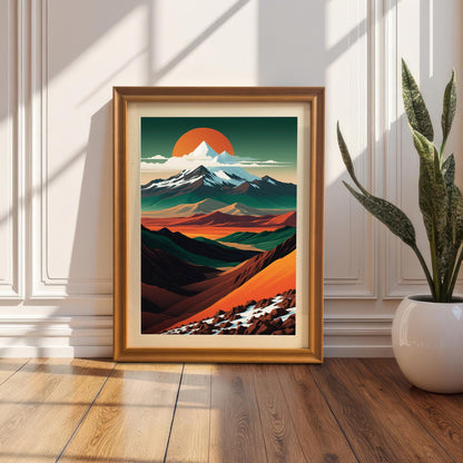 A vertical wood-framed art print of a retro mountain landscape leaning against a white paneled wall on a light oak hardwood floor. The sun casts soft window shadows across the scene.