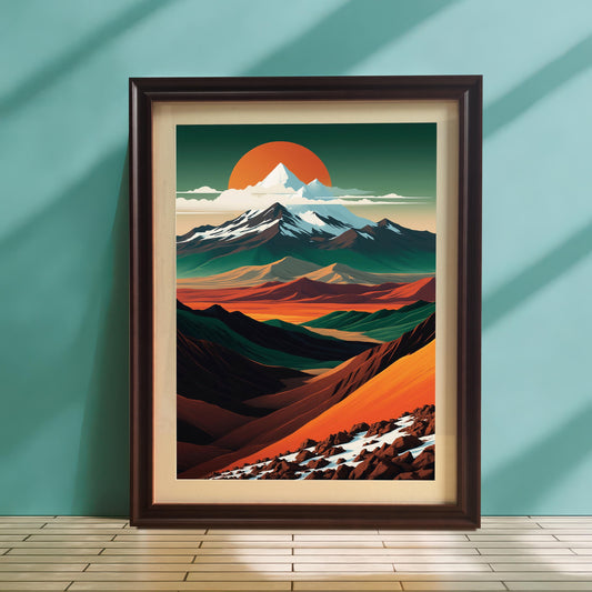 Close-up of the mountain landscape art in a "Coffee" wood frame with an off-white mat mount. The frame is leaning against a smooth teal-colored wall with soft diagonal shadows, resting on a light-colored tiled surface.