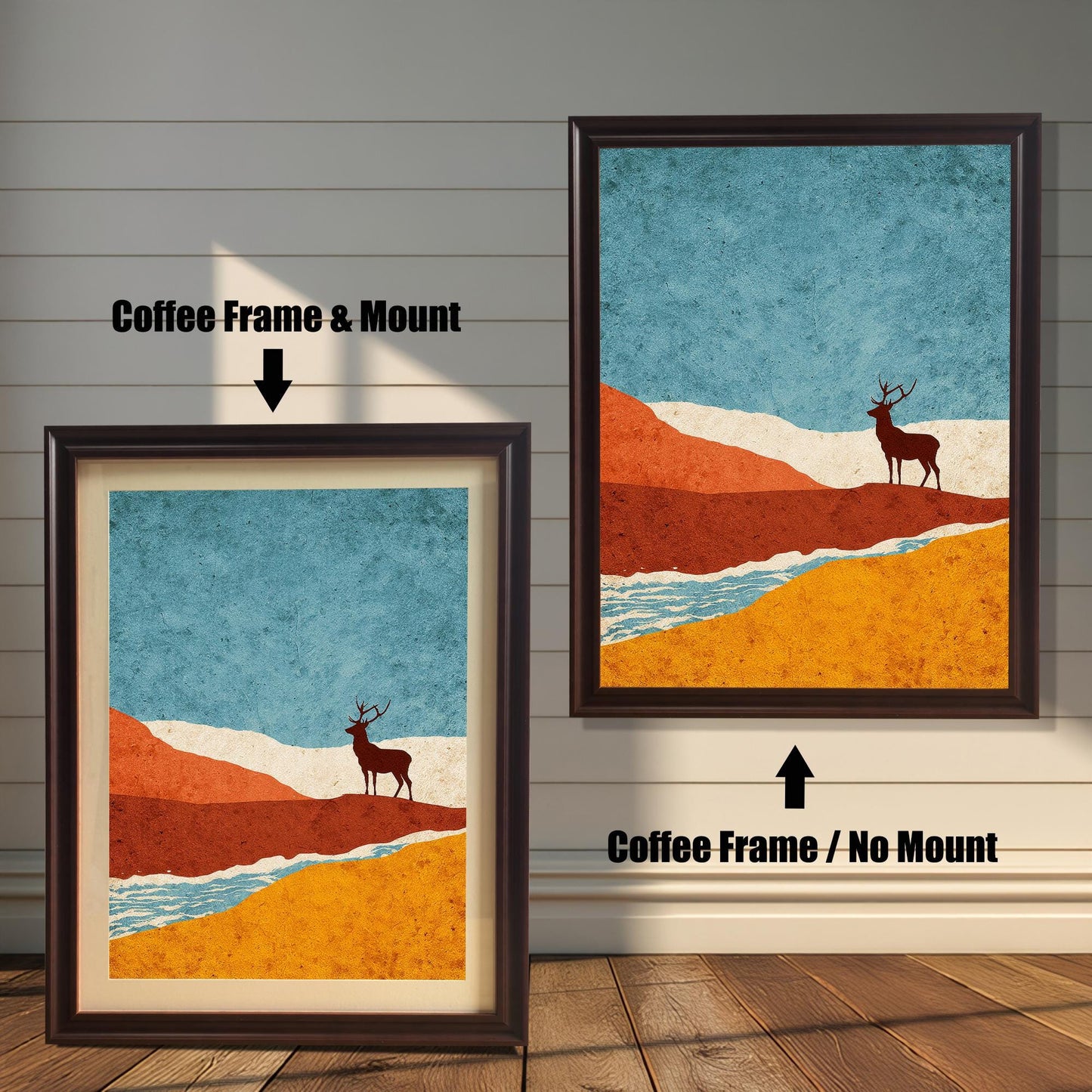 Side-by-side comparison of "Coffee" (dark wood) frames: one featuring a cream-colored mount (mat) around the art and one without a mount.