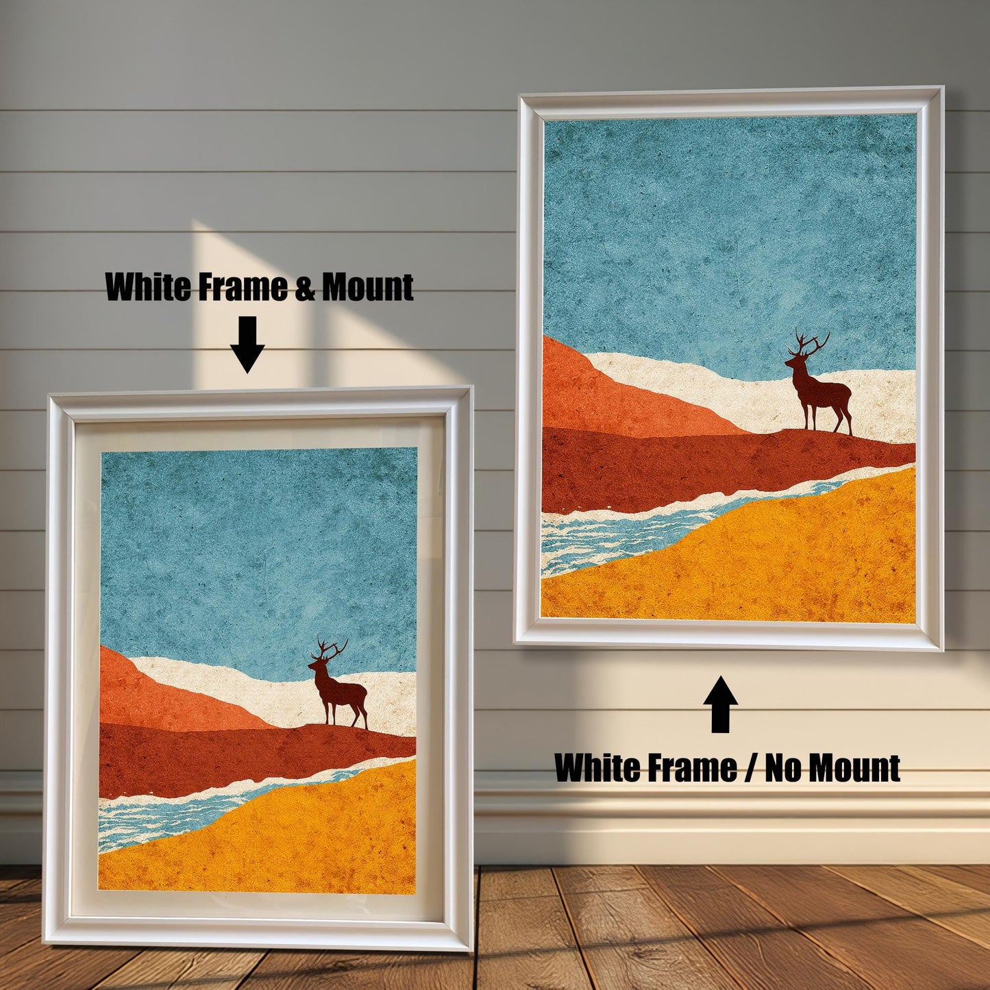 Side-by-side comparison of "White" frames: one option showing a white frame with a mount and the other a white frame without a mount.
