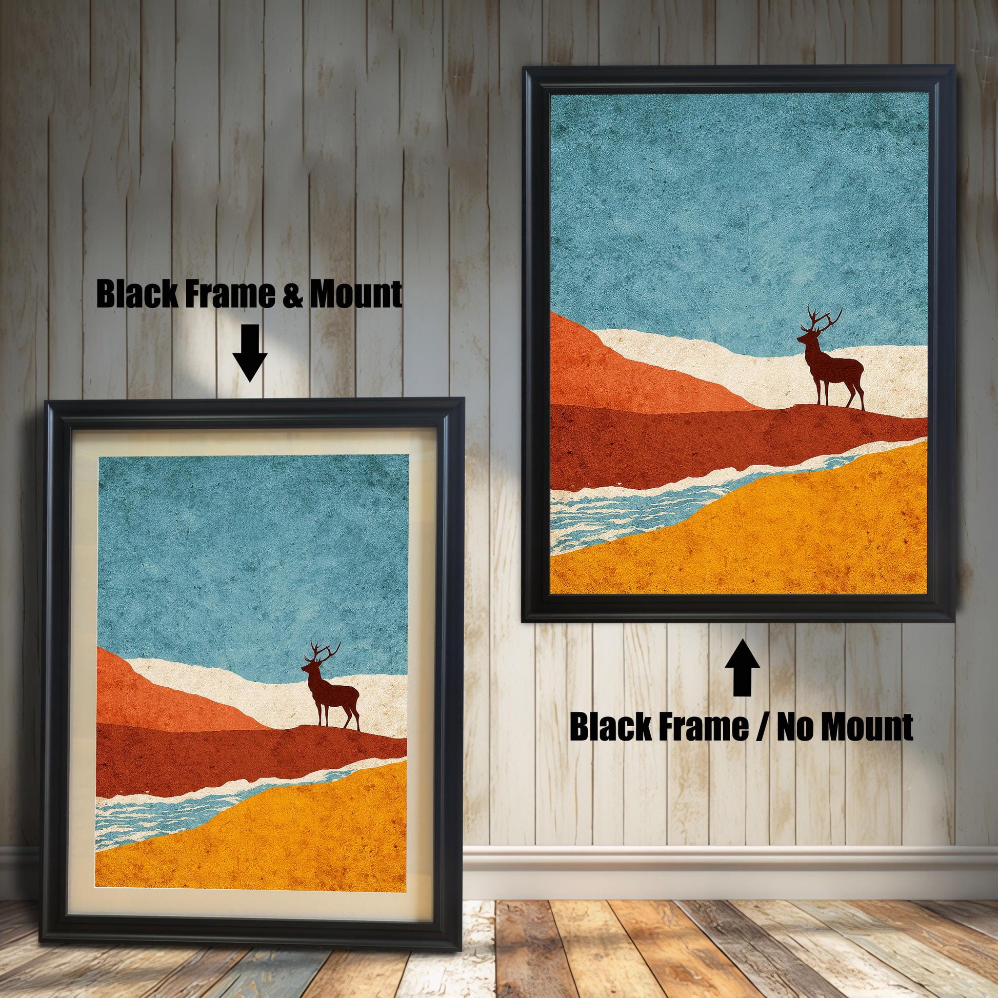 Side-by-side comparison of "Black" frames: one version featuring a black frame with a mount and the other a black frame with no mount.