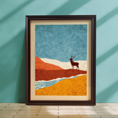 A coffee-colored wood frame with a cream mount resting on a light-colored slatted surface against a teal blue wall, accented by diagonal shadows from a nearby window.