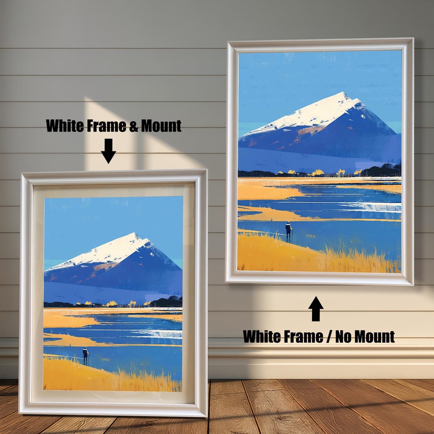 Two display options for the art in white frames. On the left, the "White Frame & Mount" version has a clean white border around the print. On the right, the "White Frame / No Mount" version shows the artwork directly against the white frame.