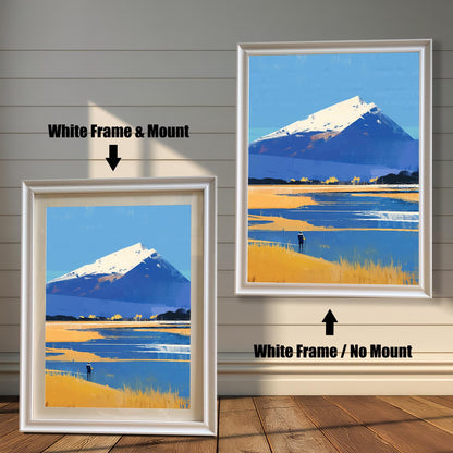 Two display options for the art in white frames. On the left, the "White Frame & Mount" version has a clean white border around the print. On the right, the "White Frame / No Mount" version shows the artwork directly against the white frame.