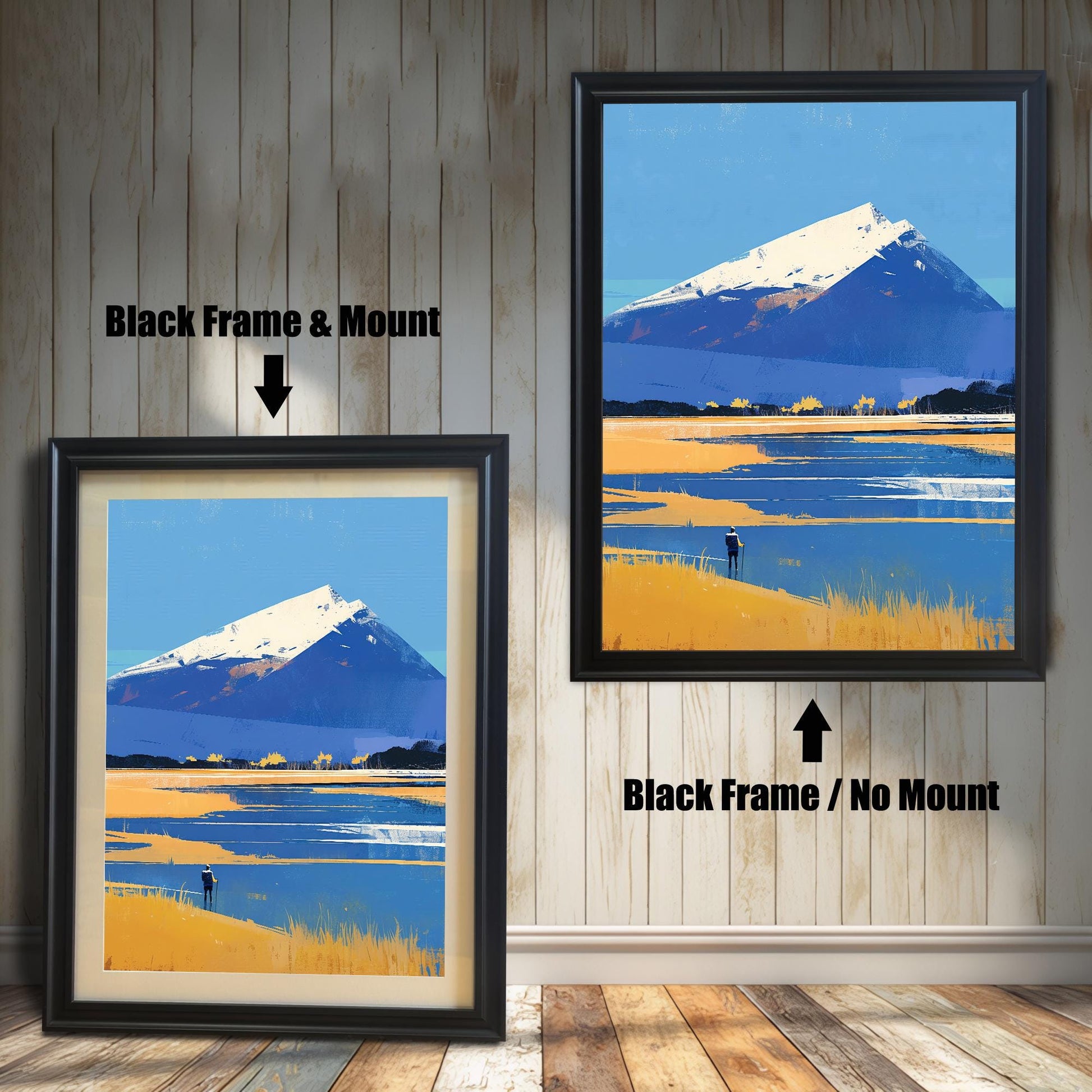 A comparison of the artwork in black frames against a rustic light wood wall. The left side shows the "Black Frame & Mount" with a cream-colored border, while the right side shows the "Black Frame / No Mount" option.