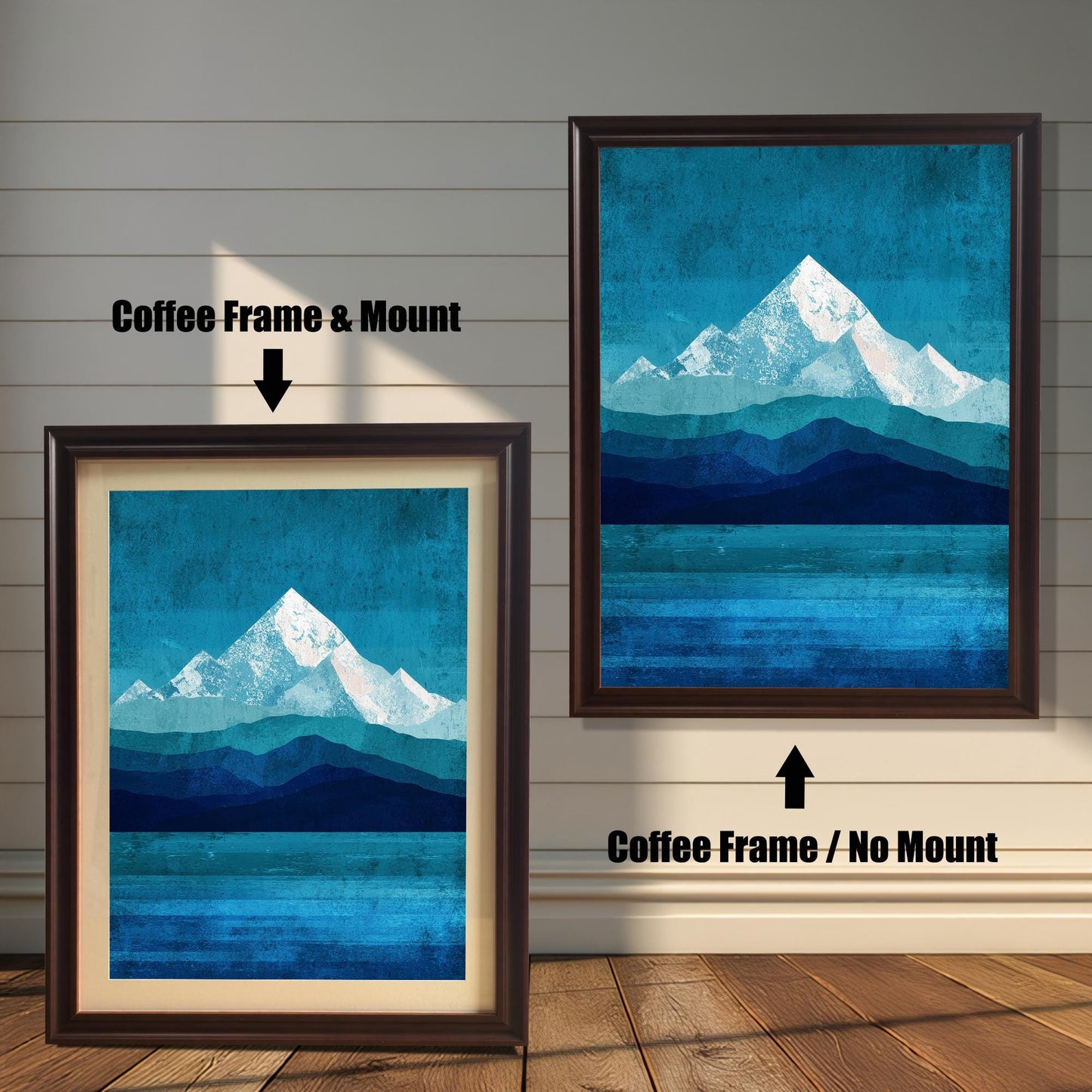 Comparison layout for "Coffee" (dark brown) wood frames: the left shows the artwork with a mount, and the right shows the artwork framed without a mount.