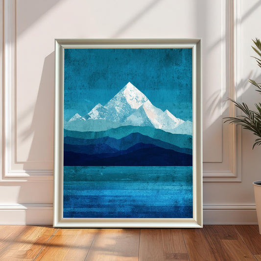 Minimalist white wood framed mountain landscape print leaning on a light oak floor against a white paneled wall. A small potted plant sits to the right, with soft morning sunlight casting linear shadows.