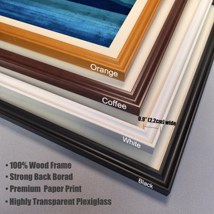 A stack of frame corner samples showing the four available colors: Orange, Coffee, White, and Black. A diagram indicates the frame width is 0.9 inches (2.2cm). Features listed include 100% wood frame, strong backboard, and transparent plexiglass.