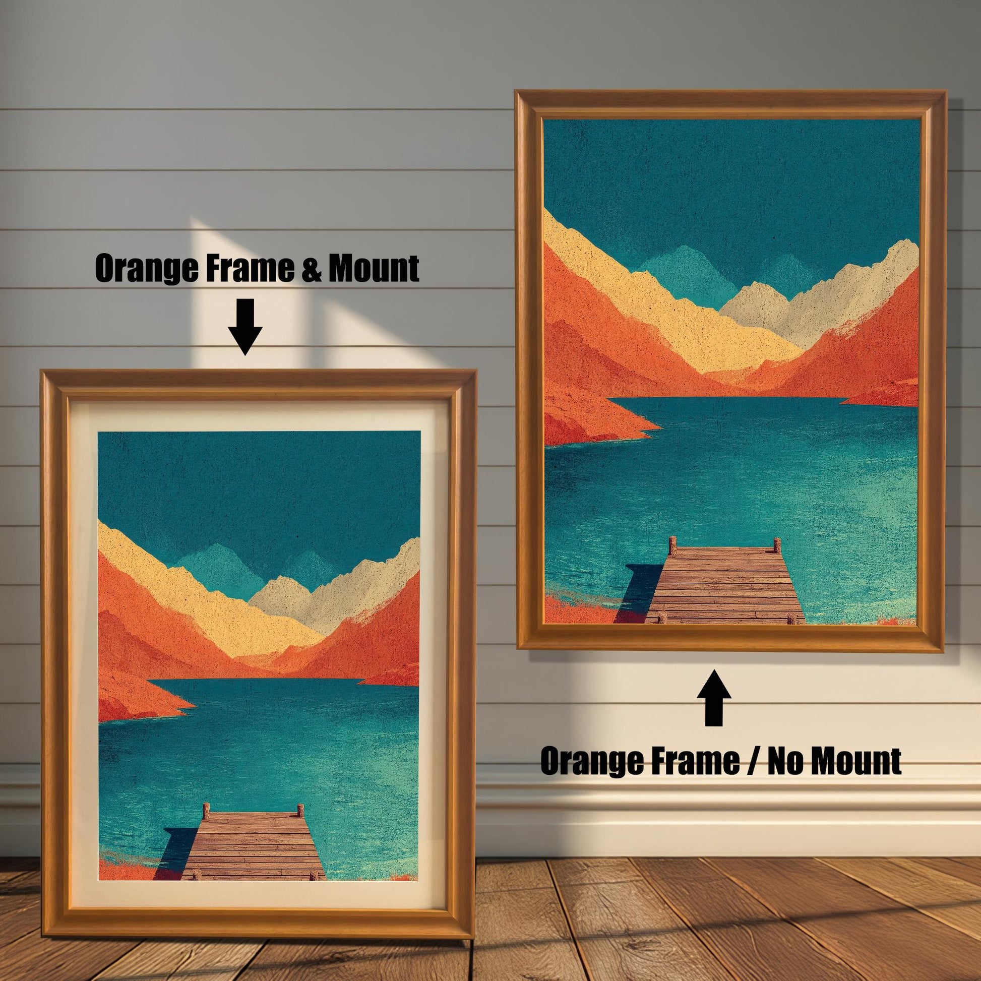 Comparison of an "Orange" honey-oak wood frame with an off-white mat versus the same frame without a mat, showing the mountain lake artwork.
