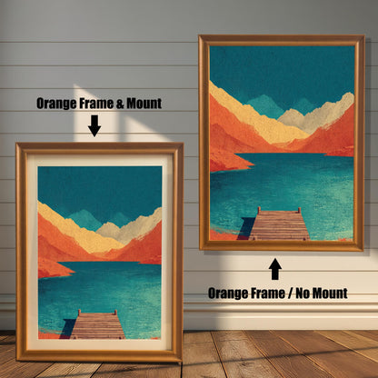 Comparison of an "Orange" honey-oak wood frame with an off-white mat versus the same frame without a mat, showing the mountain lake artwork.