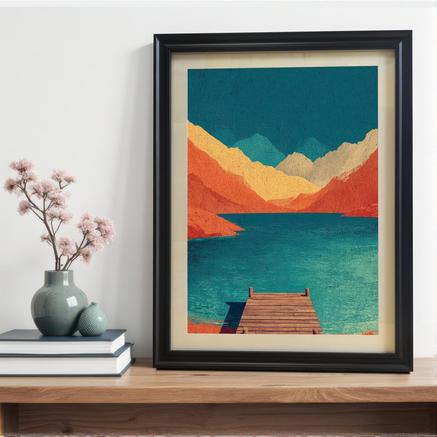 A black wood framed mountain landscape art print with an off-white mat (mount), displayed on a wooden shelf next to a stack of books and a blue vase with delicate pink flowers.