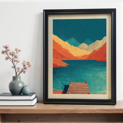 A black wood framed mountain landscape art print with an off-white mat (mount), displayed on a wooden shelf next to a stack of books and a blue vase with delicate pink flowers.