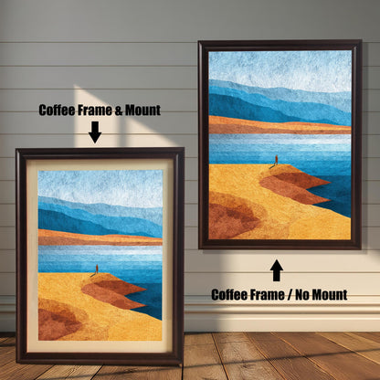 Side-by-side view of the ""Coffee"" dark wood frame option with and without a mat board, featuring a textured modern art print of a figure by a blue lake.