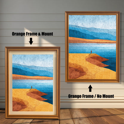 Product options for the ""Orange"" warm wood frame style, showing the difference between a matted (mount) finish and a full-bleed print without a mount.