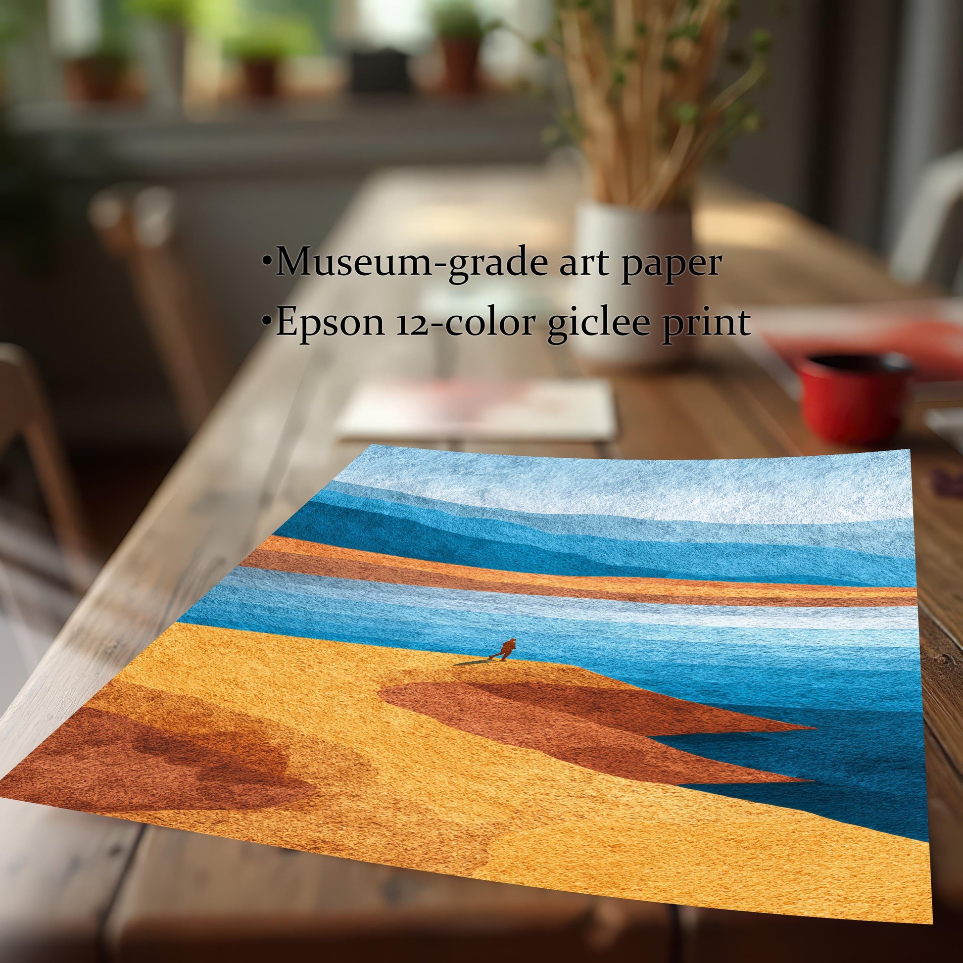 Close-up of an unframed art print on a wooden table, highlighting the high-quality museum-grade paper and Epson 12-color giclee print texture.
