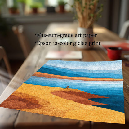 Close-up of an unframed art print on a wooden table, highlighting the high-quality museum-grade paper and Epson 12-color giclee print texture.