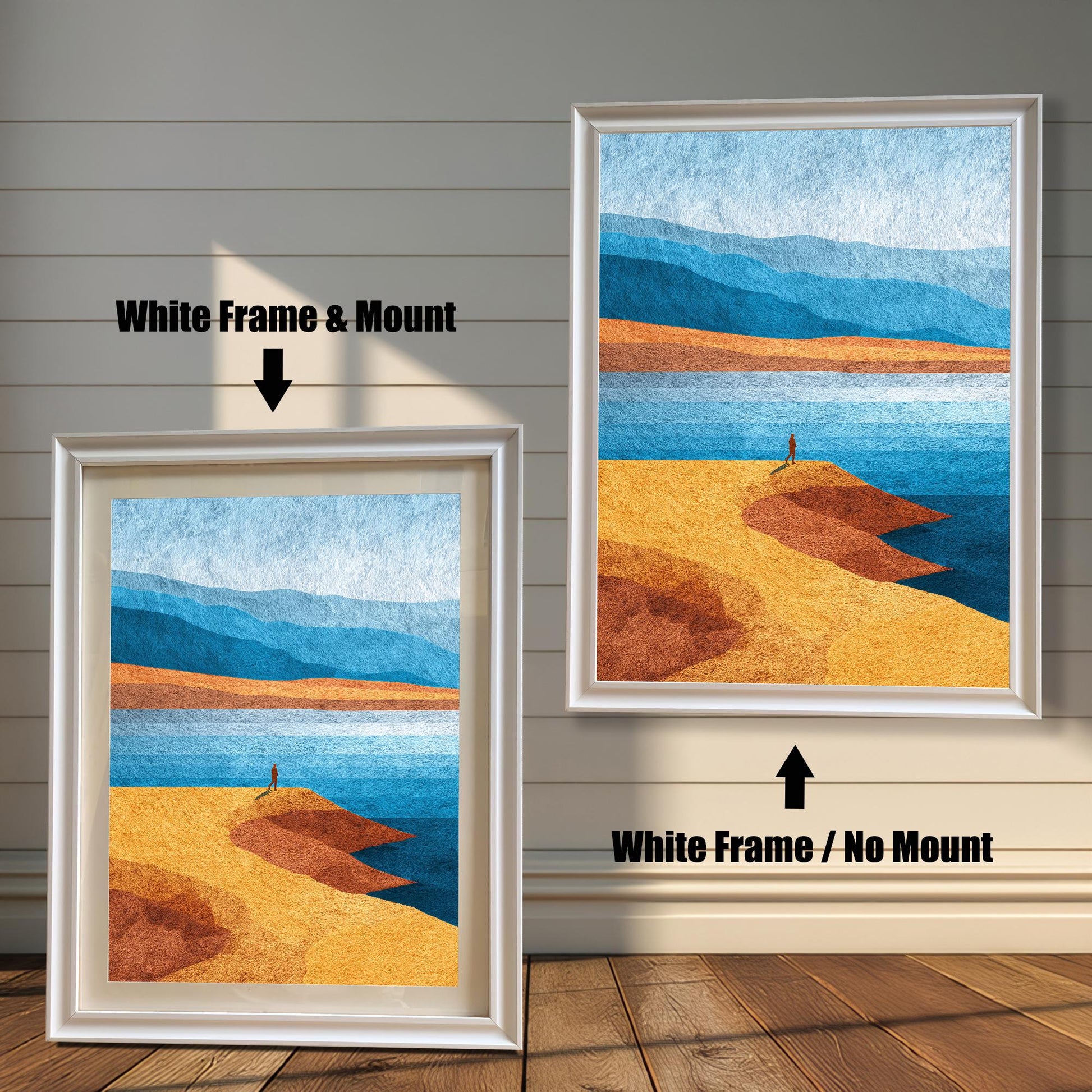 Display of the white wood frame option in two styles: one with a professional off-white mount and one without, featuring a serene blue mountain landscape.