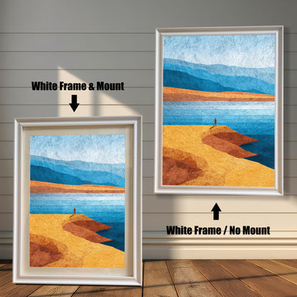 Display of the white wood frame option in two styles: one with a professional off-white mount and one without, featuring a serene blue mountain landscape.