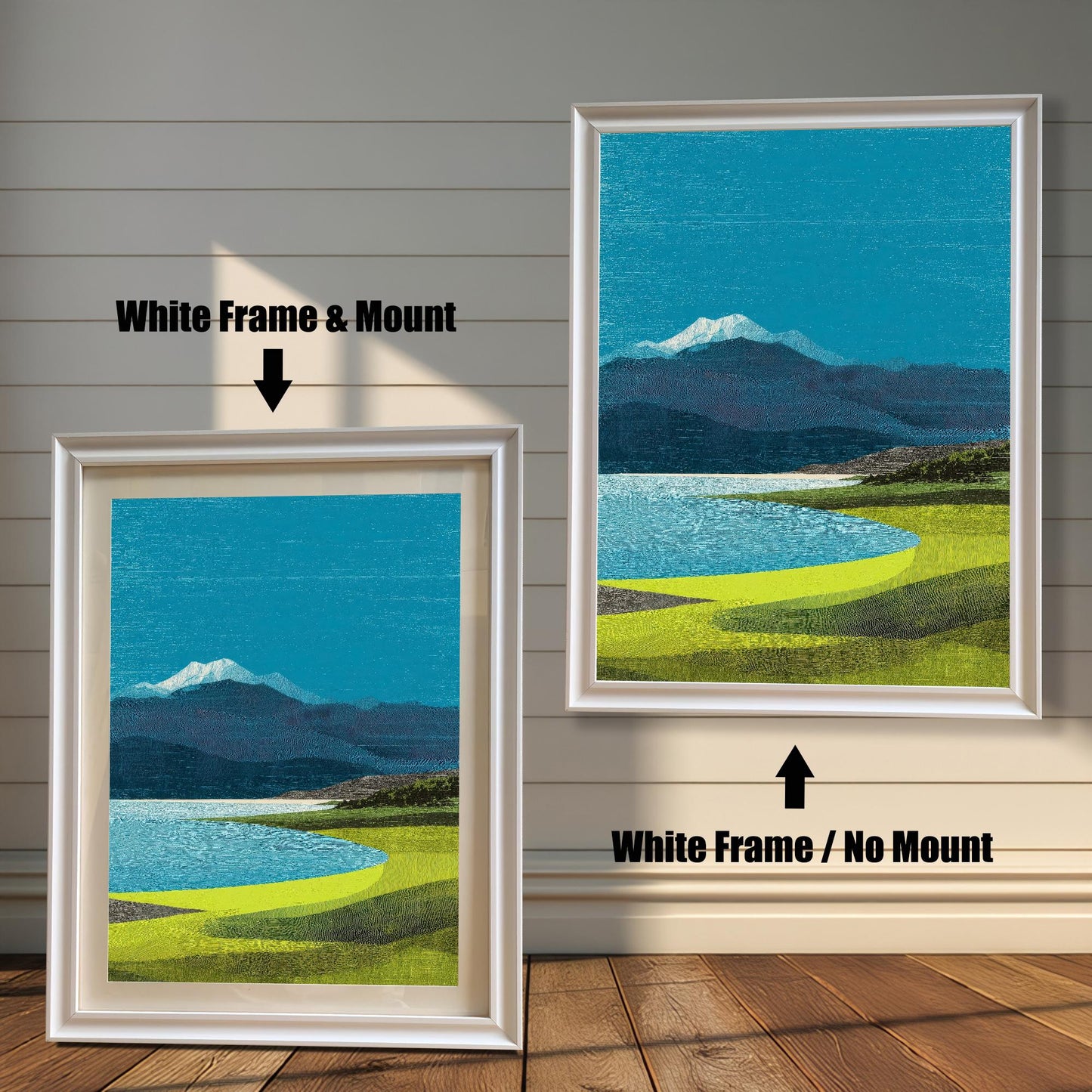 Comparison of two sleek ""White"" wood frames: the left shows the art with a white mount, the right shows the art filling the entire frame.