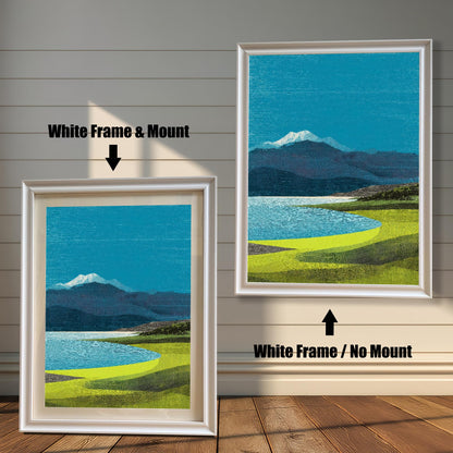 Comparison of two sleek ""White"" wood frames: the left shows the art with a white mount, the right shows the art filling the entire frame.