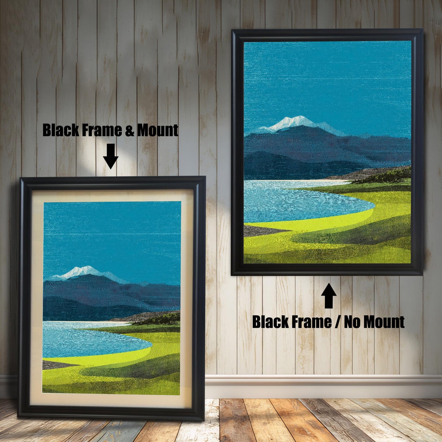 Comparison of ""Black"" wood frames: one featuring a white mat mount for a classic look and one without a mount for a modern, full-image look."
