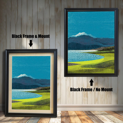 Comparison of ""Black"" wood frames: one featuring a white mat mount for a classic look and one without a mount for a modern, full-image look."