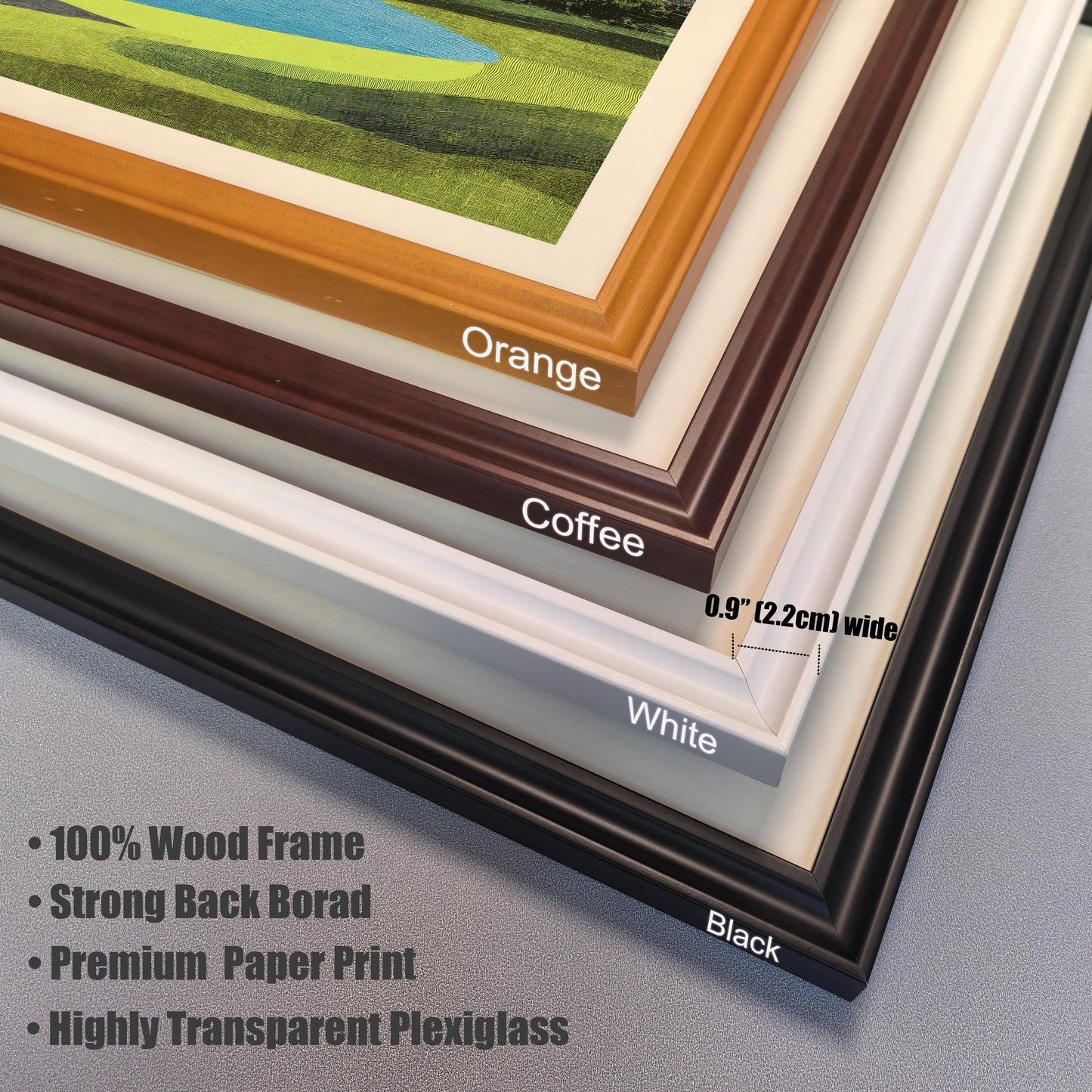 Close-up detail of four wood frame colors: Orange, Coffee, White, and Black, featuring 0.9-inch wide profiles, plexiglass, and 100% wood construction.