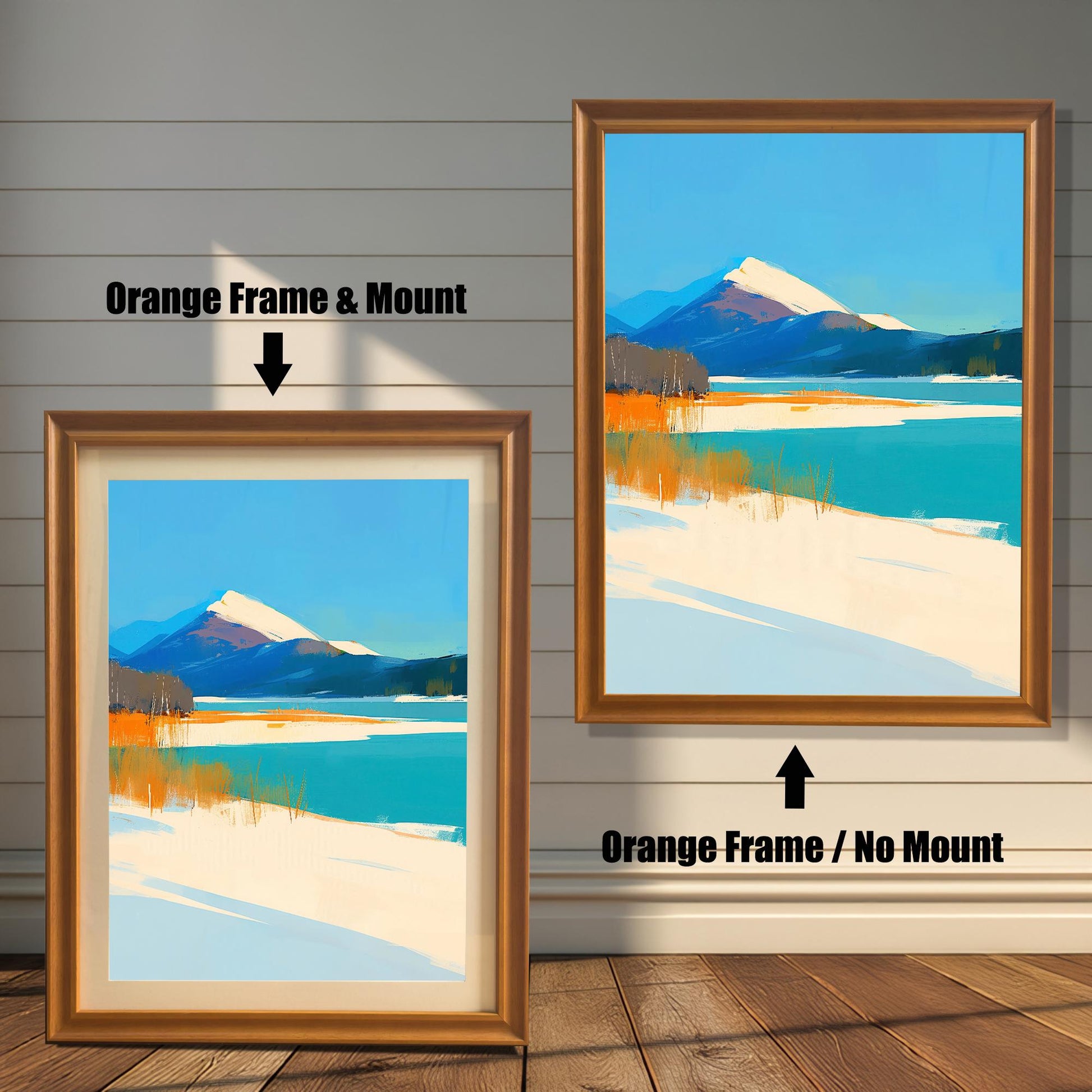 Two side-by-side examples of the art print in "Orange" (warm wood tone) frames. The left frame features an off-white mount, while the right frame shows the artwork without a mount.