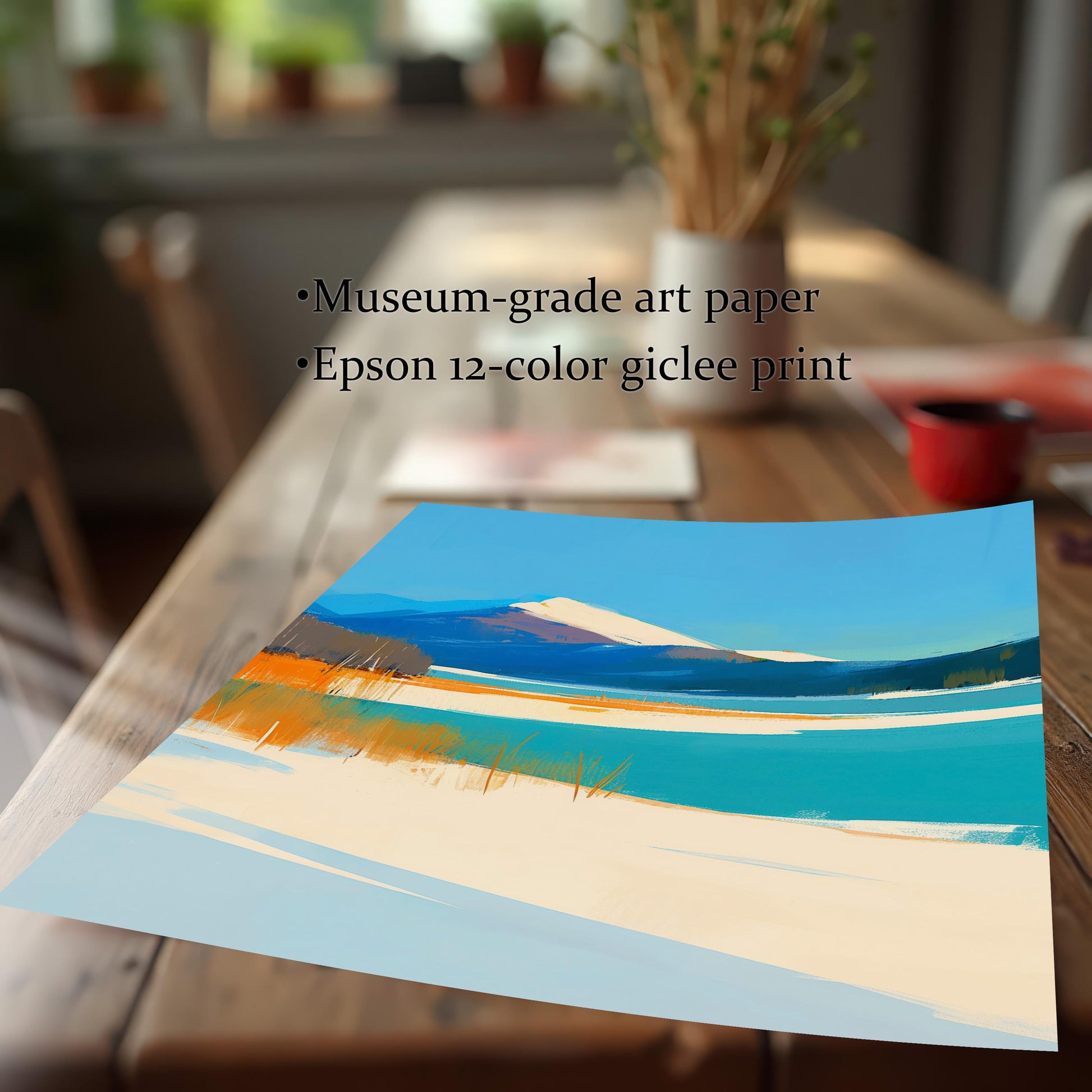 A close-up, angled view of the museum-grade art paper lying on a wooden table. Text overlays highlight the "Museum-grade art paper" and "Epson 12-color giclee print" quality.