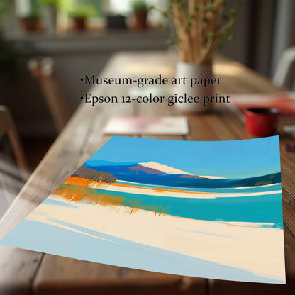 A close-up, angled view of the museum-grade art paper lying on a wooden table. Text overlays highlight the "Museum-grade art paper" and "Epson 12-color giclee print" quality.
