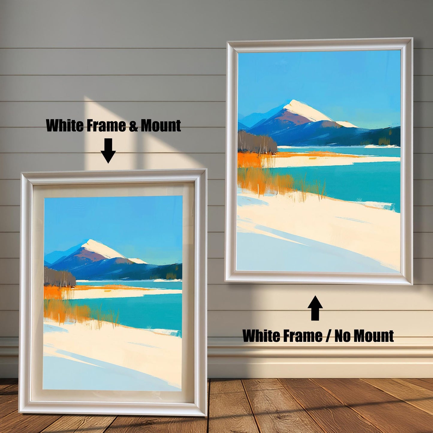 Two side-by-side examples of the art print in "White" wood frames. The left version includes an off-white mount, and the right version is shown without a mount.