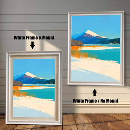 Two side-by-side examples of the art print in "White" wood frames. The left version includes an off-white mount, and the right version is shown without a mount.