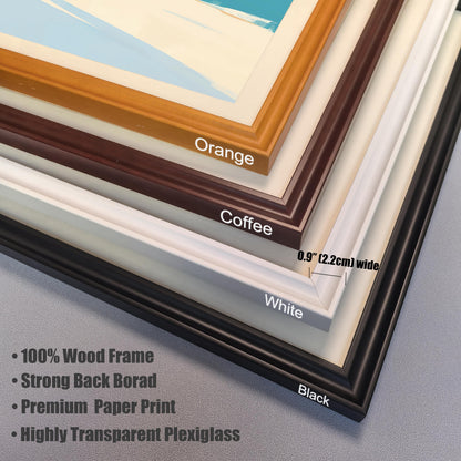 A close-up detail of four stacked wooden frame corners in Orange, Coffee, White, and Black. Text highlights "100% Wood Frame," "Strong Back Board," and "Highly Transparent Plexiglass," with a frame width of 0.9 inches (2.2cm).