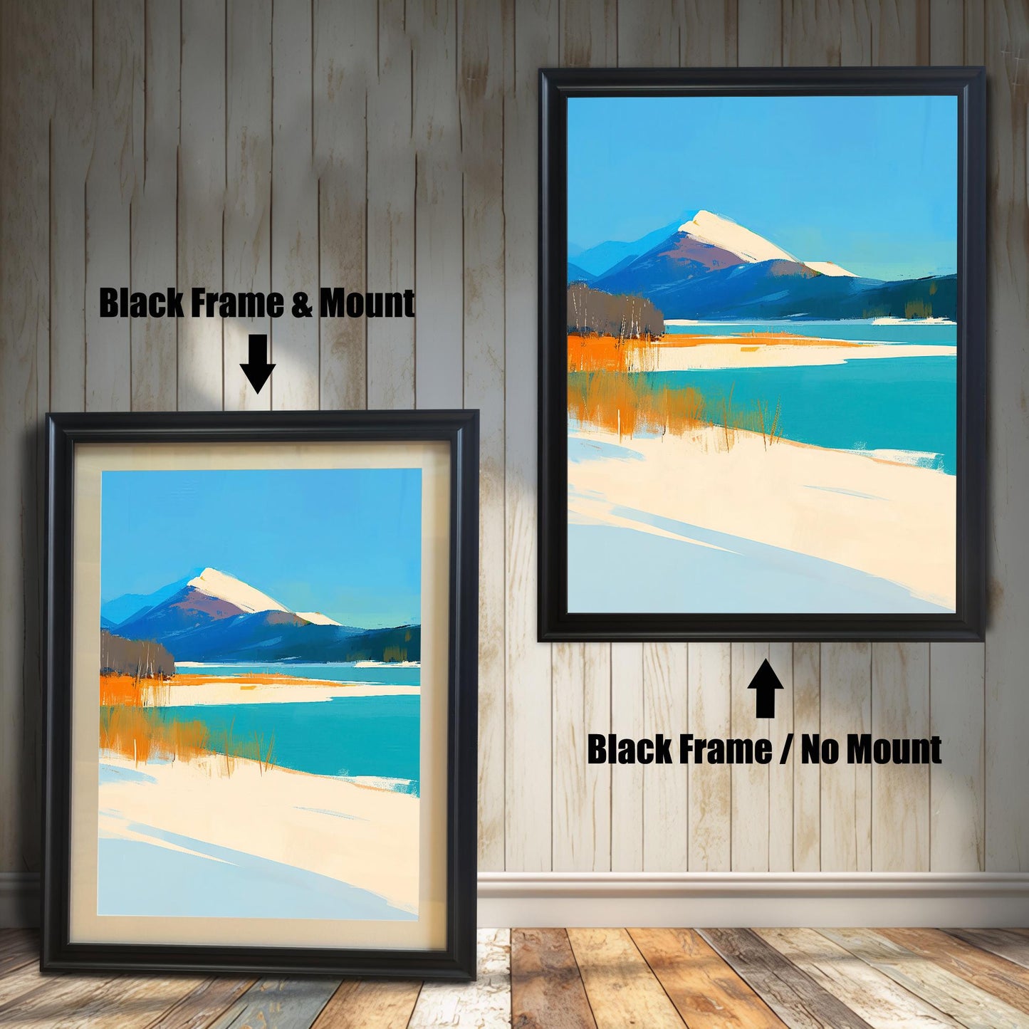 Two side-by-side examples of the art print in "Black" wood frames. The left frame includes a cream mount, and the right frame shows the print without a mount against a rustic wood-paneled wall.