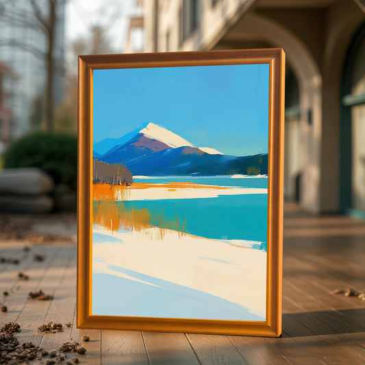 A lifestyle shot of the art print in a warm wood frame standing on a wooden patio floor outdoors, reflecting natural light on the plexiglass.
