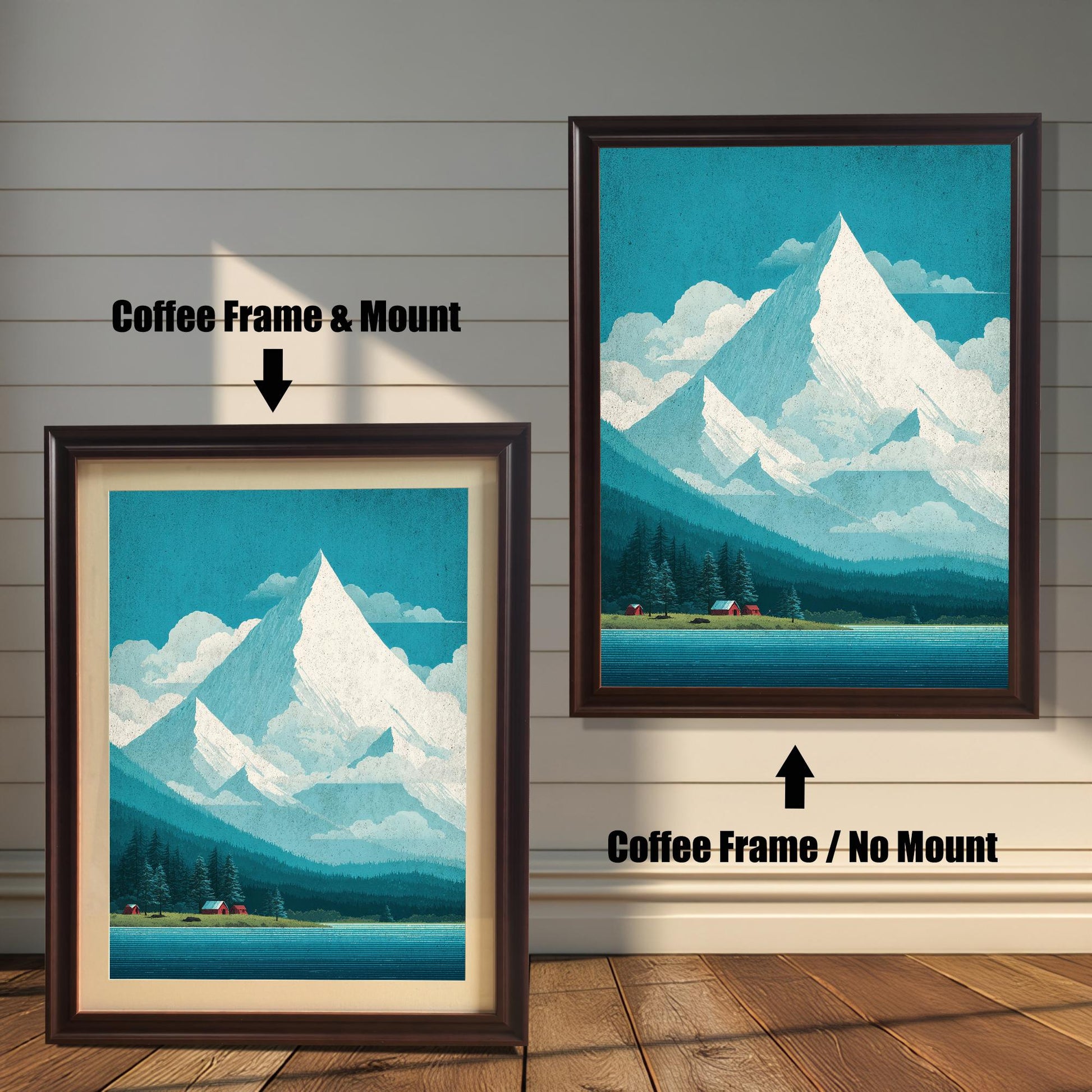 Comparison of two coffee-colored wood frames: one with a cream-colored mat mount and one without a mount, showcasing the teal mountain landscape.