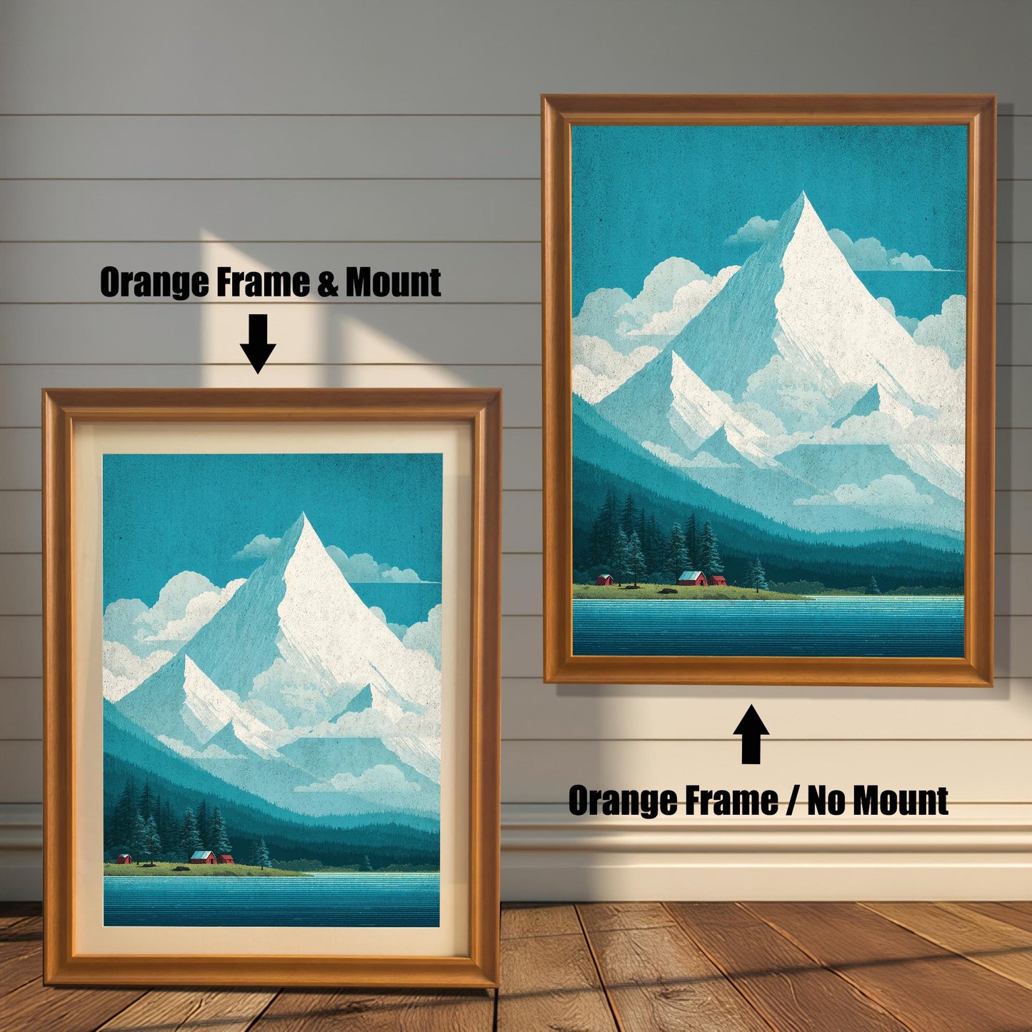 Comparison of two orange-toned wood frames: one featuring a cream mat mount and the other showing the full-bleed mountain print without a mount.