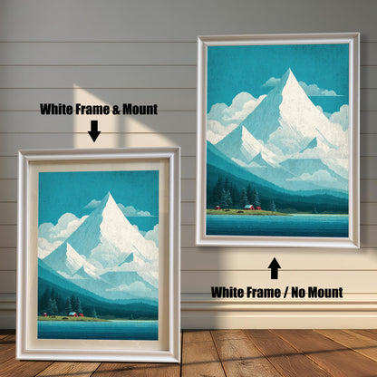 Comparison of two sleek white wood frames: the left option includes a protective mat mount, while the right displays the mountain art without a mount.
